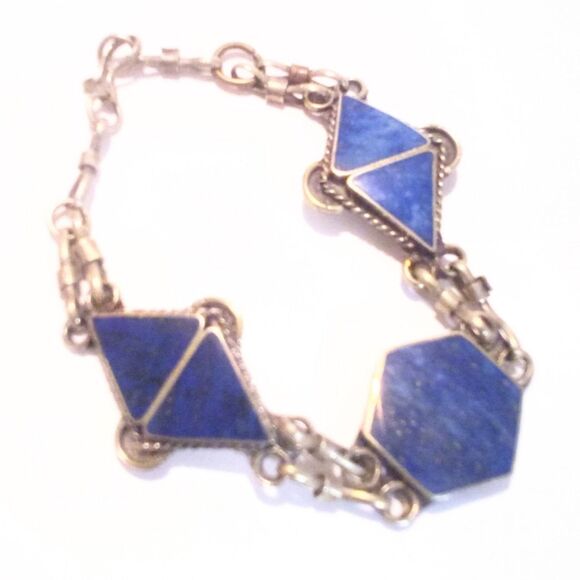 Vintage Boho Inspired Inlaid Lapis Silver Tone Bracelet - Picture 1 of 5